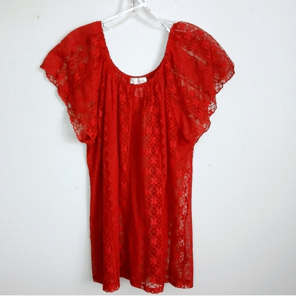 Lace Off Shoulder Top Womens Size 2X Brick Red Romantic